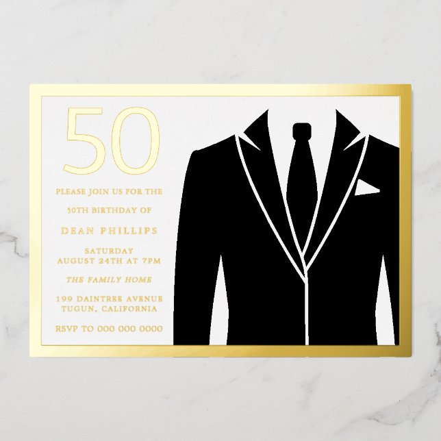 Invitation En Aluminium Gold & Black Suit & Cravate 50e Anniversaire de fê (Recto)