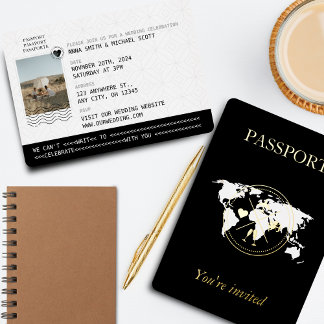 Invitation En Aluminium Gold & Black Travel Passport Photo Mariage unique