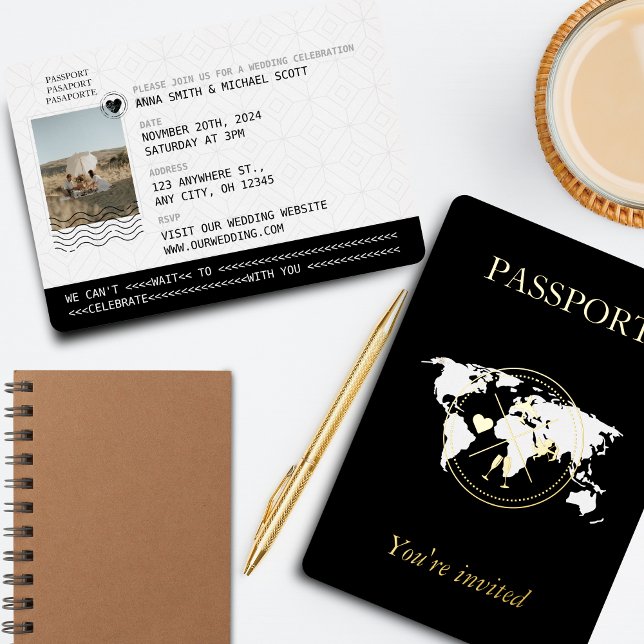 Invitation En Aluminium Gold & Black Travel Passport Photo Mariage unique (Black & Gold Passport Wedding Invitation)