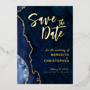 Invitation En Aluminium Gold Blue Agate Mariage Enregistrer la date Or