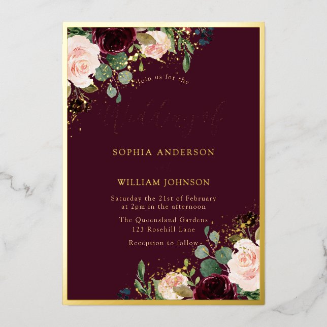 Invitation En Aluminium Gold Bourgogne Floral Frame Mariage Real (Recto)