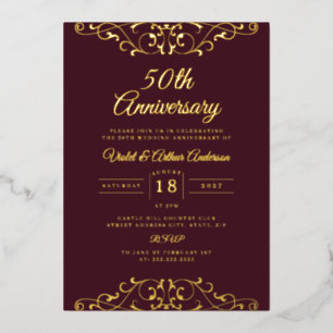 Invitation En Aluminium Gold Burgundy Swirl 50e anniversaire de Mariage