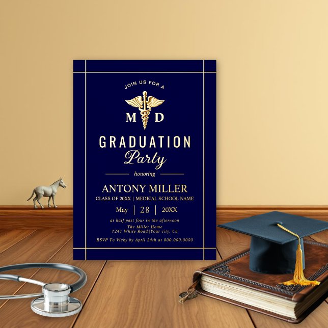 Invitation En Aluminium Gold caduceus Classe De 2025 Marine bleu graduatio (Créateur téléchargé)