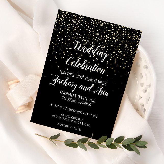 Invitation En Aluminium Gold Confetti|Black Mariage Celebration Gold (Créateur téléchargé)