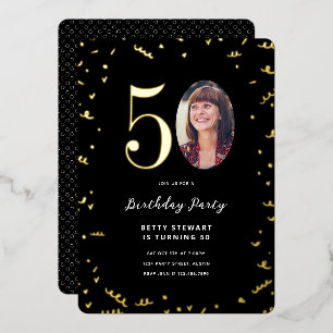 Invitation En Aluminium Gold Confetti et Photo 50e anniversaire fête