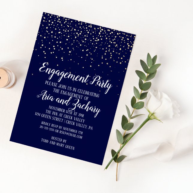 Invitation En Aluminium Gold Confetti|Navy Engagement Party Gold (Créateur téléchargé)