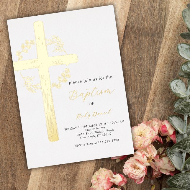 Invitation En Aluminium Gold Cross Floral Wreath Verdure Baptême simple (Créateur téléchargé)