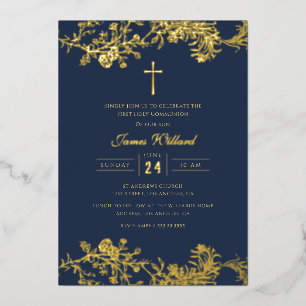 Invitation En Aluminium Gold Cross Navy Boys Première communion