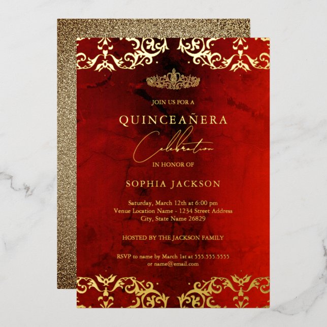 Invitation En Aluminium Gold Damask Ruby Red Quinceanera 15e (Recto/Verso)