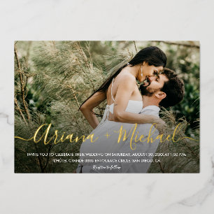 Invitation En Aluminium Gold Elegant Script Texte superposition Mariage ph