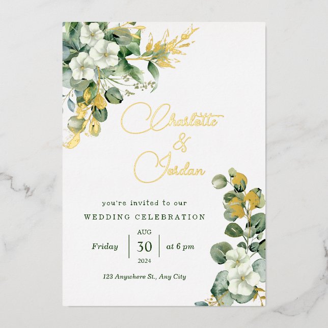 Invitation En Aluminium Gold Eucalyptus Wreath Green Sea Glass Mariage (Recto)
