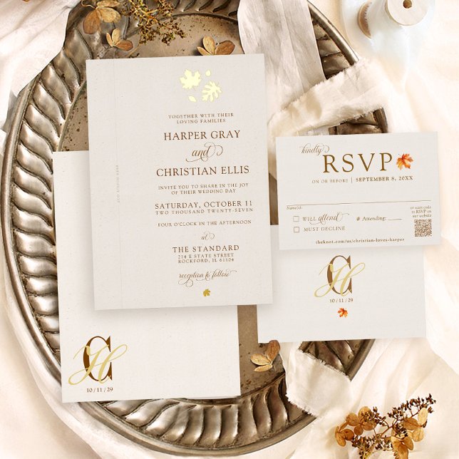 Invitation En Aluminium Gold Fall Feuilles élégant Automne do-it-yourself  (Elegant beige gold foil Fall leaf Autumn add your own ribbon simple unique wedding invitation set)