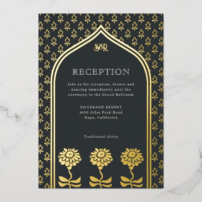 Invitation En Aluminium Gold Floral Marigold Réception de mariage indien (Recto)