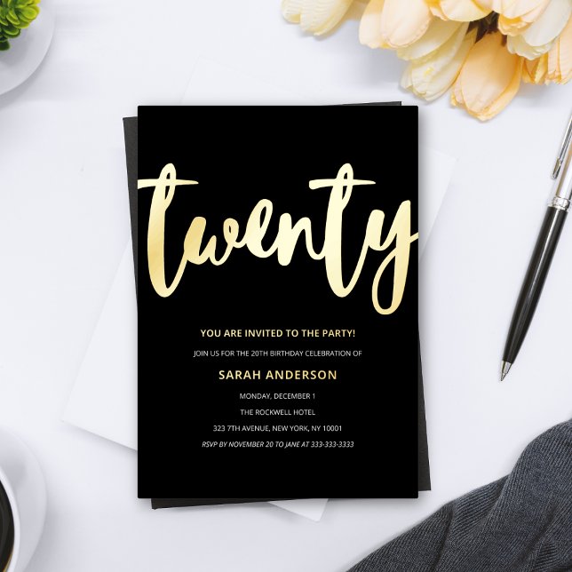 Invitation En Aluminium Gold Foil 20e fête d'anniversaire (Créateur téléchargé)
