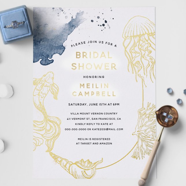 Invitation En Aluminium Gold Foil Beach Ocean Côte Fête des mariées bleue (Créateur téléchargé)