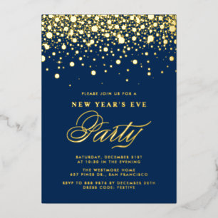 Invitation En Aluminium Gold Foil Confetti Dots Blue New Year's Eve Party