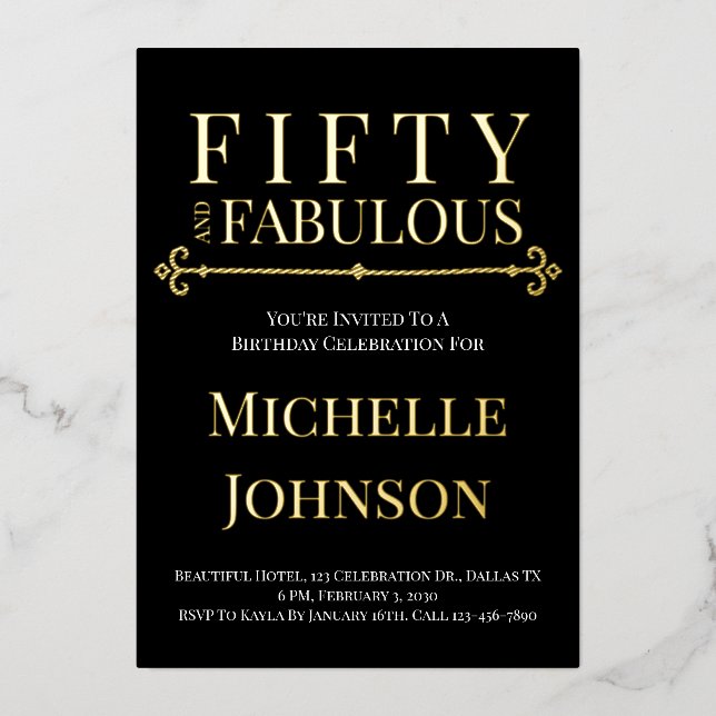 Invitation En Aluminium Gold Foil Fifty and Fabulous 50th Birthday Party (Recto)