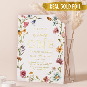 Invitation En Aluminium Gold Foil Fleur sauvage Thème Fille 1er anniversai