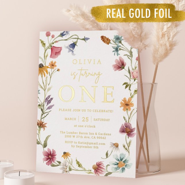 Invitation En Aluminium Gold Foil Fleur sauvage Thème Fille 1er anniversai (Créateur téléchargé)