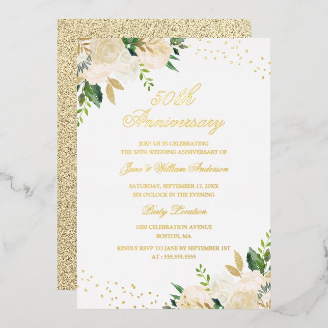 Invitation En Aluminium GOLD FOIL Floral 50e Anniversaire (Recto/Verso)