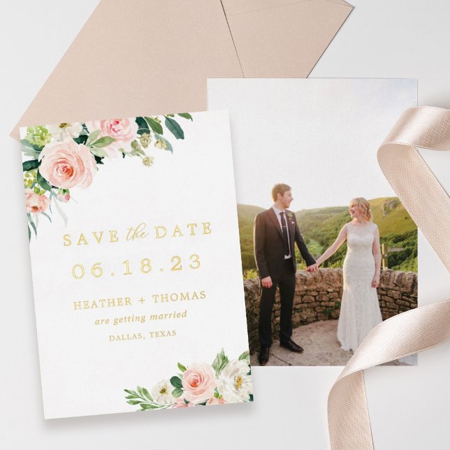 Invitation En Aluminium Gold Foil Floral Photo Enregistrer la date (Créateur téléchargé)