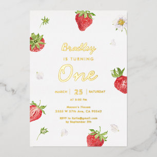 Invitation En Aluminium Gold Foil Fraise Girl Premier anniversaire