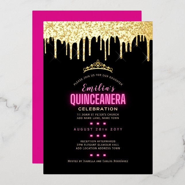 Invitation En Aluminium Gold Foil Girly rose 15e anniversaire Quinceanera  (Recto/Verso)