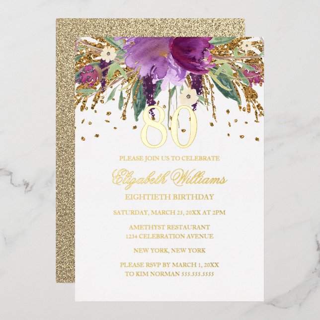 Invitation En Aluminium GOLD FOIL Parties scintillant florale Amethyst 80e (Recto/Verso)
