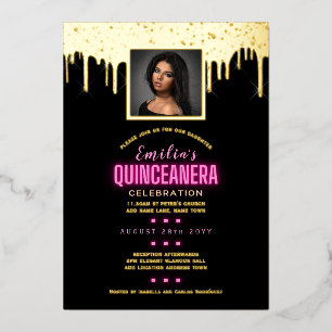 Invitation En Aluminium Gold Foil PHOTO Rose 15e anniversaire Quinceanera