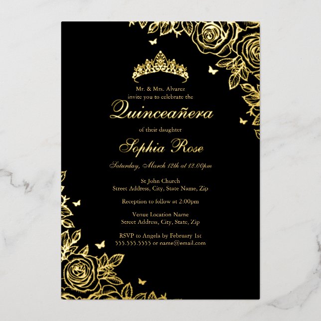 Invitation En Aluminium Gold Foil Rose Black Quinceanera Anniversaire (Recto)