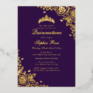Invitation En Aluminium Gold Foil Rose Purple Quinceanera Anniversaire