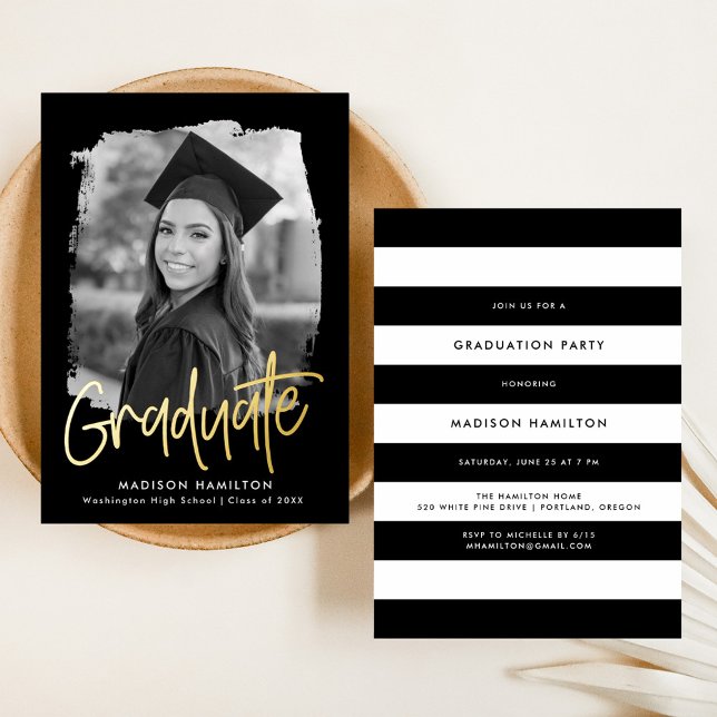 Invitation En Aluminium Gold Foil Script Photo Graduation Party (Créateur téléchargé)