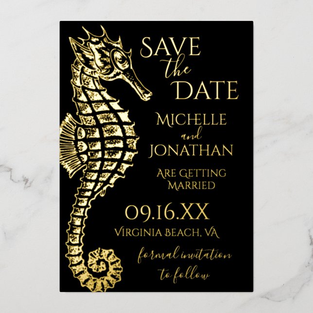 Invitation En Aluminium Gold Foil Seahorse Beach Mariage Enregistrer la da (Recto)
