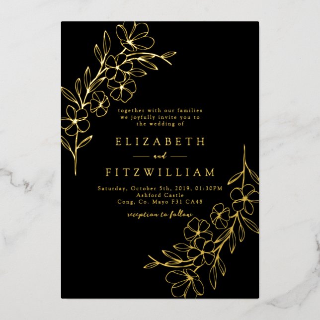 Invitation En Aluminium Gold Foil Simple Cherry Blossoms Black Mariage (Recto)