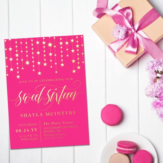Invitation En Aluminium Gold Foil Stars Sweet sixteen rose chaud (Créateur téléchargé)