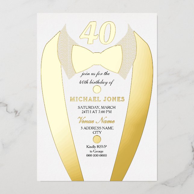 Invitation En Aluminium Gold Foil Tuxedo Suit Mens 40e fête d'anniversaire (Recto)