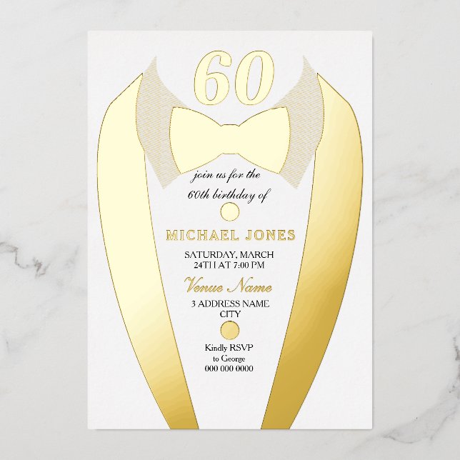 Invitation En Aluminium Gold Foil Tuxedo Suit Mens 60e fête d'anniversaire (Recto)