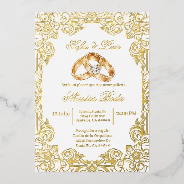 Invitation En Aluminium gold foil with frame Spanish wedding  (Recto)