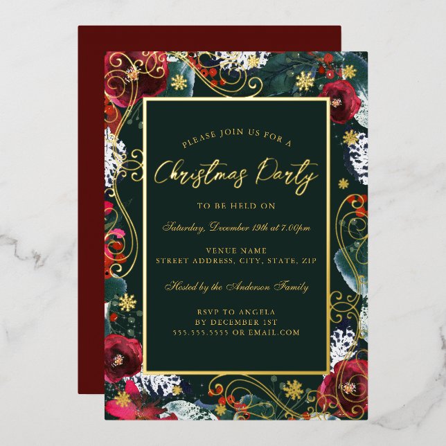 Invitation En Aluminium Gold Green Red Flower Frame de Noël (Recto/Verso)
