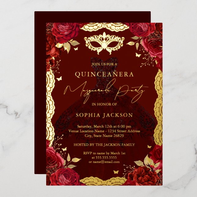 Invitation En Aluminium Gold Masquerade Party Rose rouge robe Quinceanera (Recto/Verso)