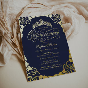 Invitation En Aluminium Gold Navy Élégant Script Quinceanera Anniversaire