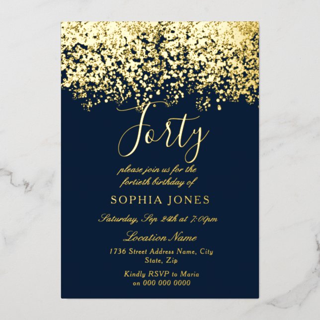 Invitation En Aluminium Gold & Navy Mens femmes 40e anniversaire de fête G (Recto)
