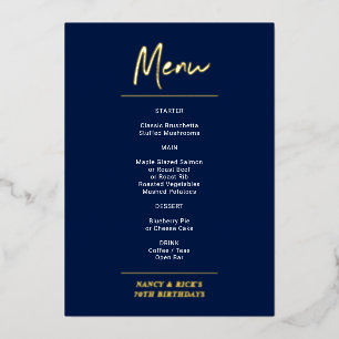 Invitation En Aluminium Gold & Navy Modern Letting Menu de fête d'annivers