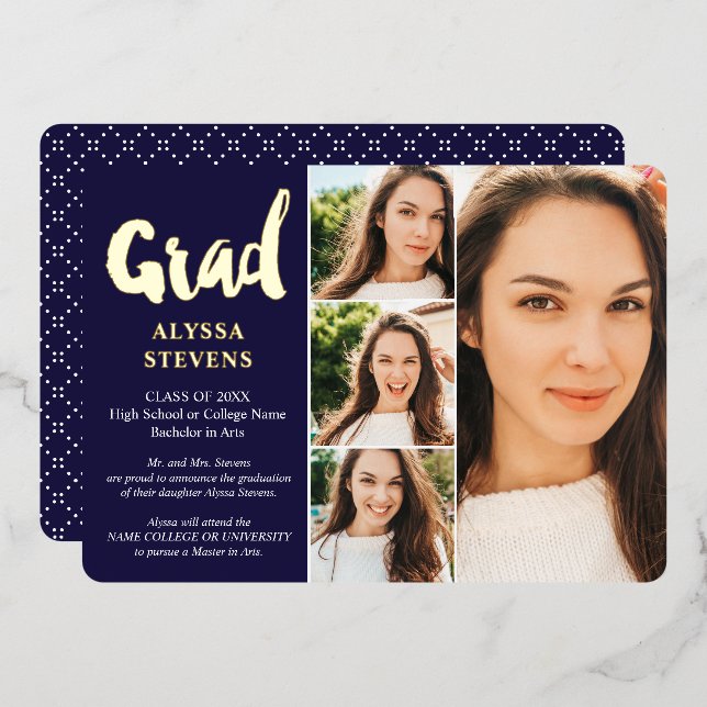 Invitation En Aluminium Gold navy simple Grad script 4 photos graduation (Recto/Verso)