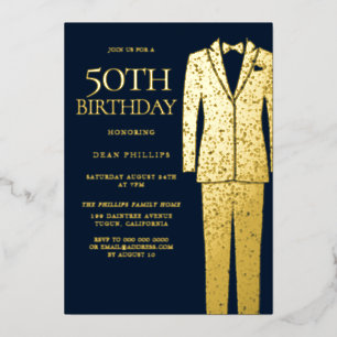 Invitation En Aluminium Gold & Navy Suit & Cravate 50e fête d'anniversaire