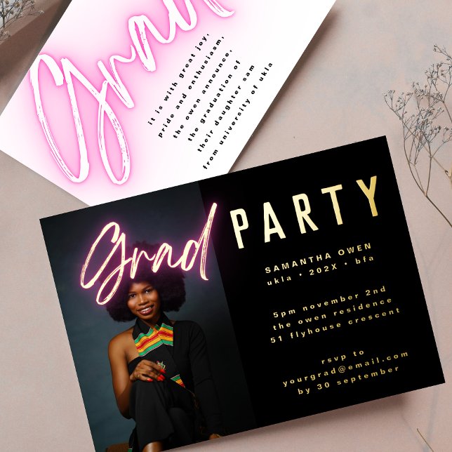 Invitation En Aluminium GOLD Ombre rose Neon Elegant Grad Photo Party (Créateur téléchargé)