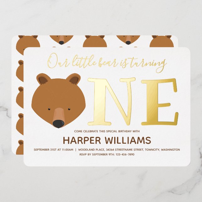 Invitation En Aluminium Gold One Animal Bear Premier anniversaire (Recto/Verso)