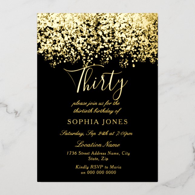 Invitation En Aluminium Gold Parties scintillant Black 30th Birthday Party (Recto)