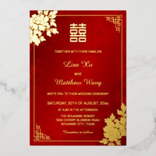 Invitation En Aluminium Gold Peony Rouge Chatoyant Mariage chinois