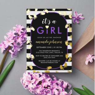 Invitation En Aluminium Gold Purple Black C'est une fille Baby Footprints